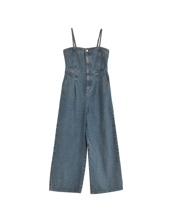 【TIME SALE 10%OFF ¥6,999⇒¥6,299】[低身長/高身長サイズ有][着痩せ＆脚長効果]コットンデニムベアオールインワン オールインワン 人気レディースファッション通販 リエディ
