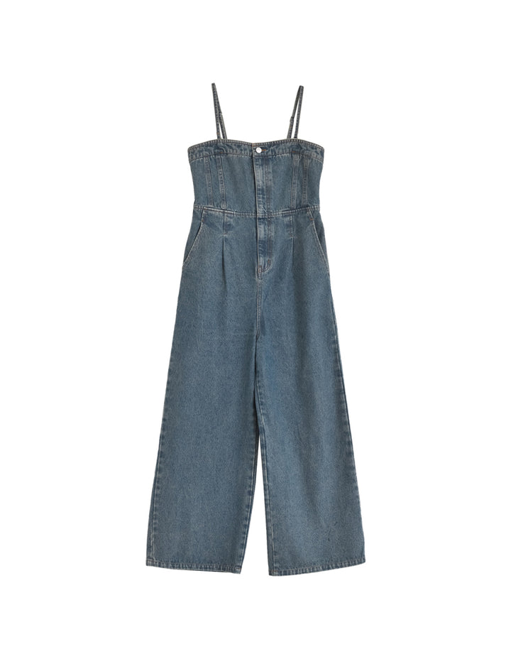 【TIME SALE 10%OFF ¥6,999⇒¥6,299】[低身長/高身長サイズ有][着痩せ＆脚長効果]コットンデニムベアオールインワン オールインワン 人気レディースファッション通販 リエディ