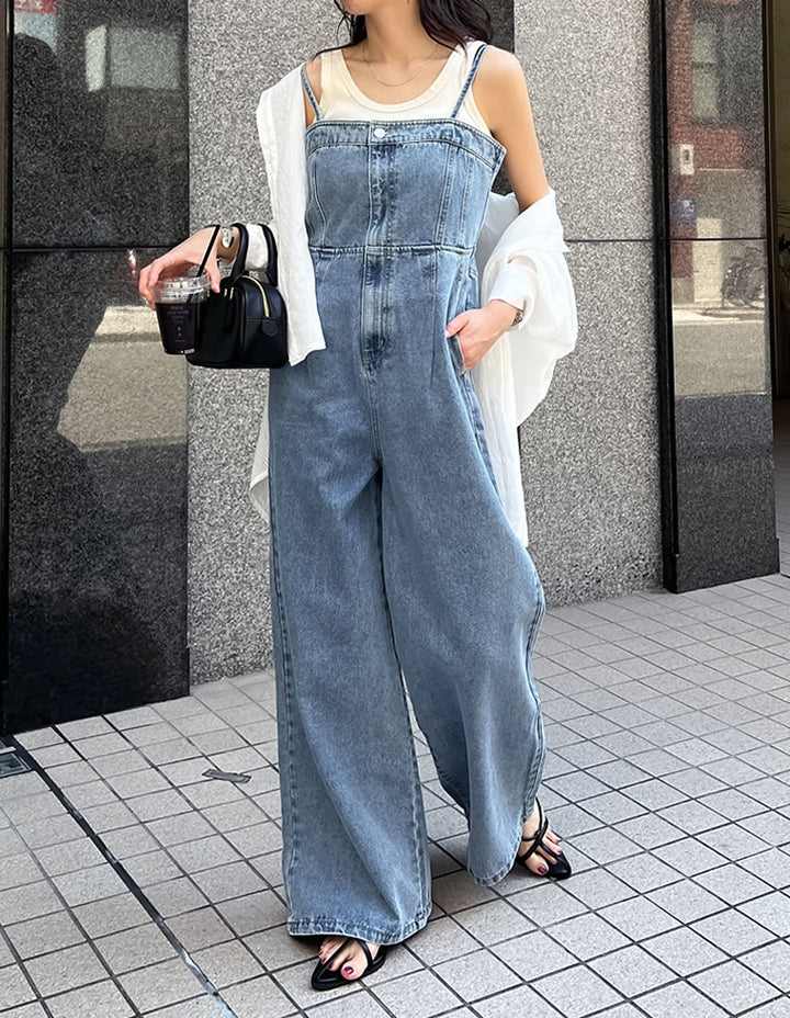 【TIME SALE 10%OFF ¥6,999⇒¥6,299】[低身長/高身長サイズ有][着痩せ＆脚長効果]コットンデニムベアオールインワン オールインワン 人気レディースファッション通販 リエディ