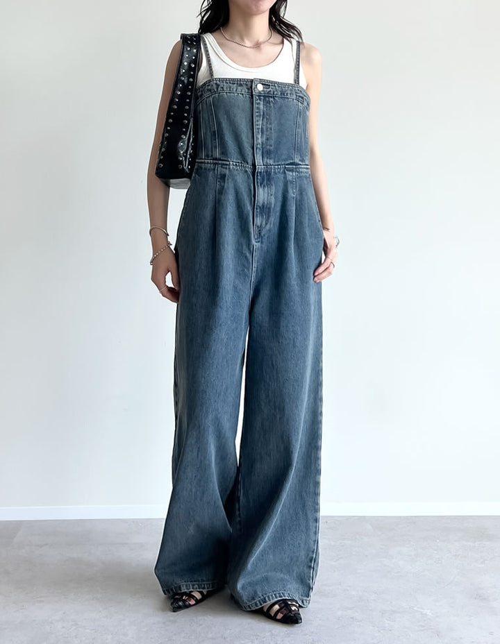 【TIME SALE 10%OFF ¥6,999⇒¥6,299】[低身長/高身長サイズ有][着痩せ＆脚長効果]コットンデニムベアオールインワン オールインワン 人気レディースファッション通販 リエディ