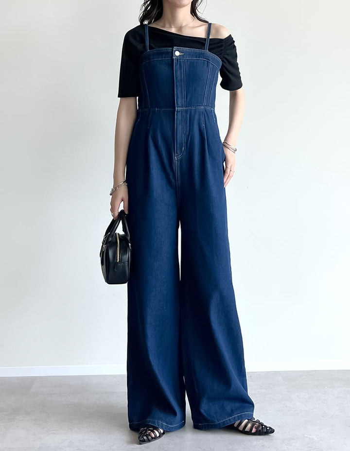 【TIME SALE 10%OFF ¥6,999⇒¥6,299】[低身長/高身長サイズ有][着痩せ＆脚長効果]コットンデニムベアオールインワン オールインワン 人気レディースファッション通販 リエディ