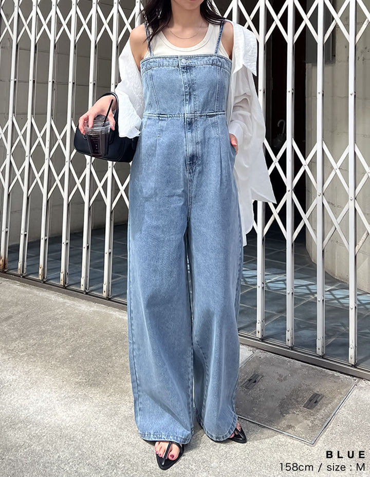 【TIME SALE 10%OFF ¥6,999⇒¥6,299】[低身長/高身長サイズ有][着痩せ＆脚長効果]コットンデニムベアオールインワン オールインワン 人気レディースファッション通販 リエディ