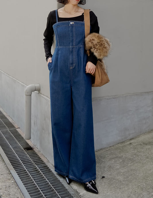【TIME SALE 20%OFF】[低身長/高身長サイズ有][着痩せ＆脚長効果]コットンデニムベアオールインワン オールインワン 人気レディースファッション通販 リエディ