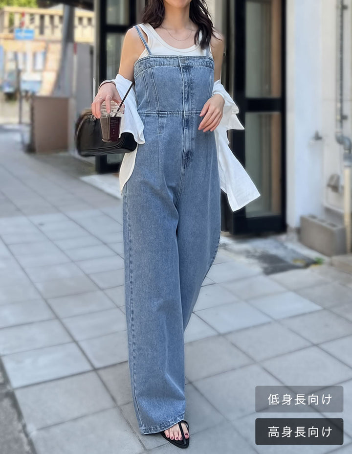 【TIME SALE 10%OFF ¥6,999⇒¥6,299】[低身長/高身長サイズ有][着痩せ＆脚長効果]コットンデニムベアオールインワン オールインワン 人気レディースファッション通販 リエディ