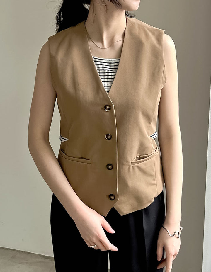【TIME SALE 40%OFF ¥4,298⇒¥2,578】ライトツイルサイドカッティングVネックベスト トップス 人気レディースファッション通販 リエディ