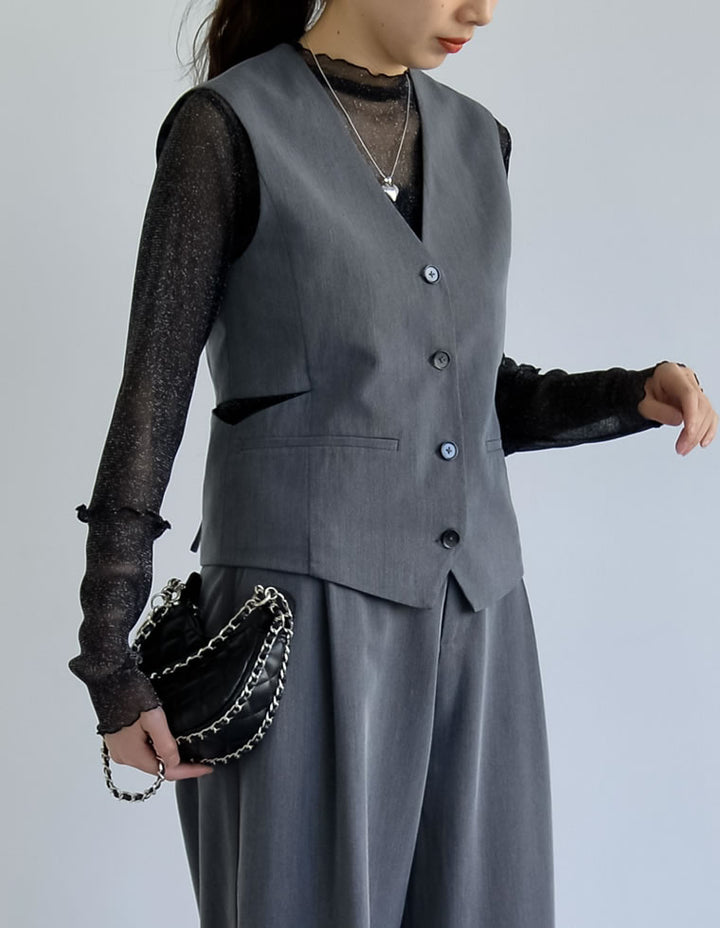 【TIME SALE 40%OFF ¥4,298⇒¥2,578】ライトツイルサイドカッティングVネックベスト トップス 人気レディースファッション通販 リエディ