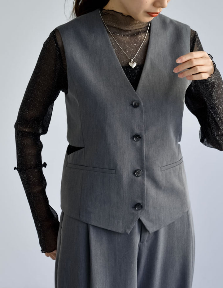 【TIME SALE 40%OFF ¥4,298⇒¥2,578】ライトツイルサイドカッティングVネックベスト トップス 人気レディースファッション通販 リエディ
