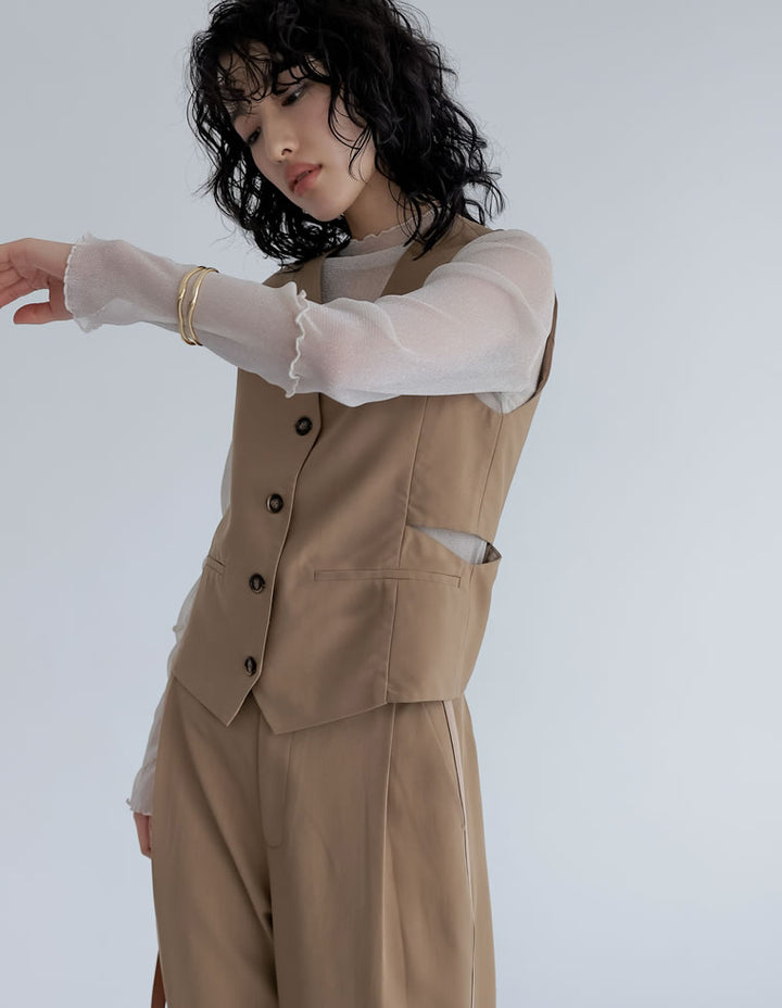 【TIME SALE 40%OFF ¥4,298⇒¥2,578】ライトツイルサイドカッティングVネックベスト トップス 人気レディースファッション通販 リエディ