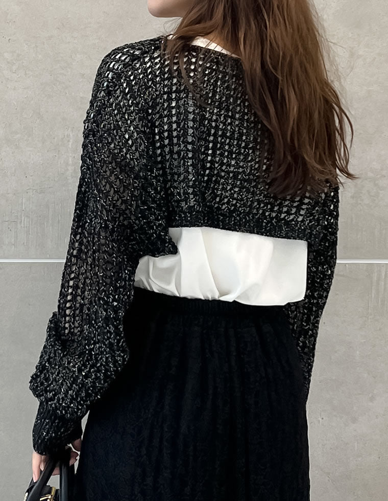 ショート丈ラメメッシュニットトップス - トップス通販 | 人気
