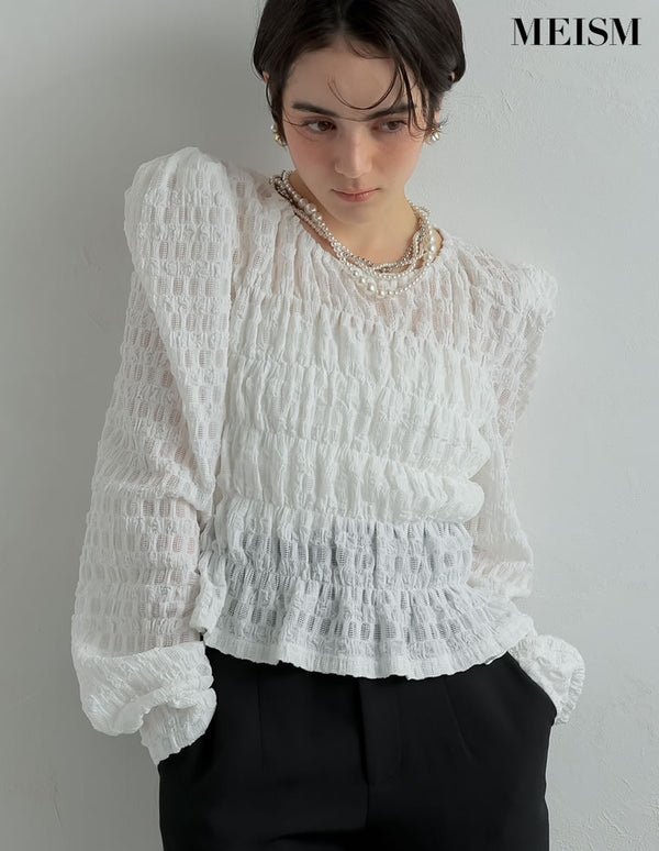《期間限定！2BUY15%OFFクーポン対象》[2025 SUMMER COLLECTION][MEISM by Re:EDIT]パフショルダーショート丈ギャザーカットソートップス