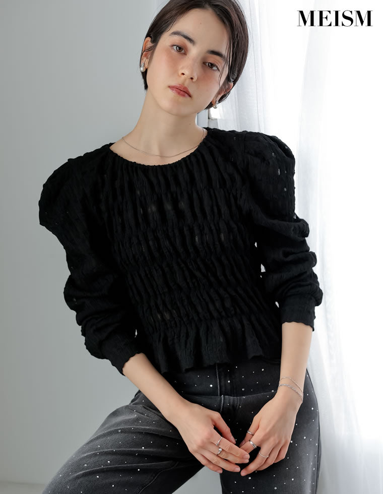 「2024SS COLLECTION」「MEISM by Re:EDIT」ワッフルライクふくれジャガードサイドリボントップス レディース ワッフルライクふくれジャガードサイドリボントップス