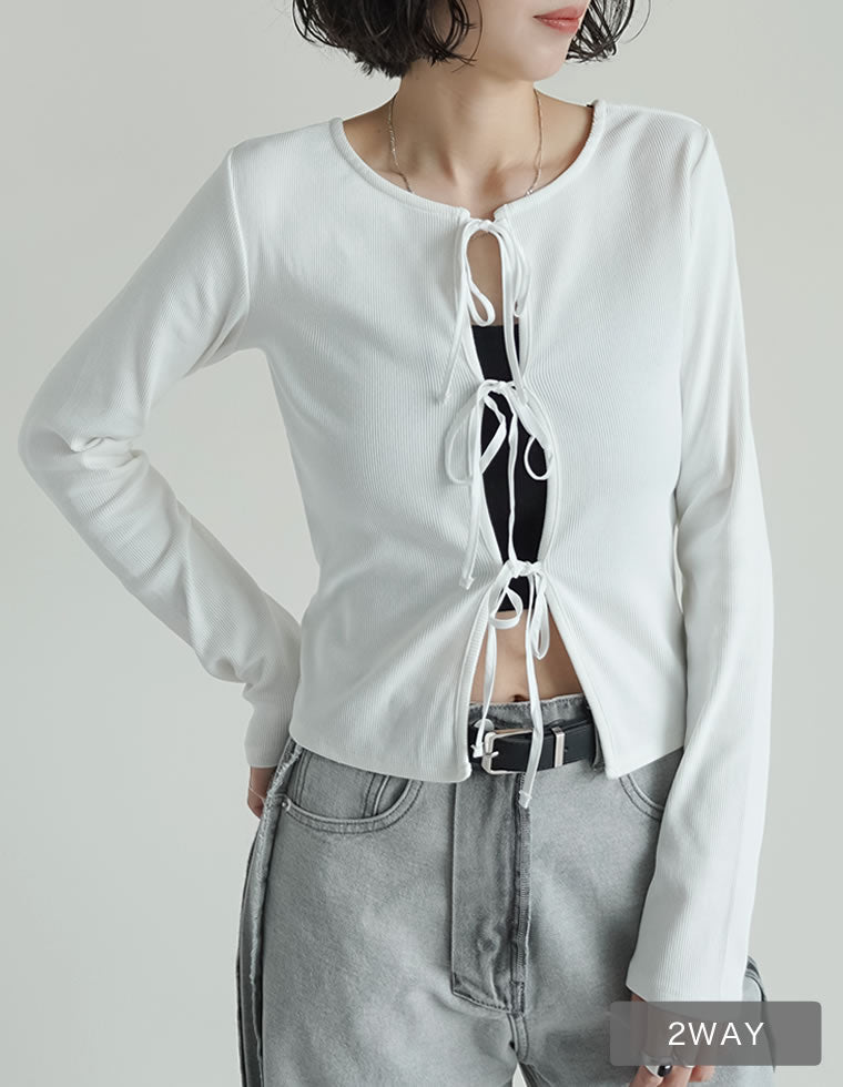 ジップリボントップス ストレッチリブ前後2WAYリボンデザイントップス - トップス通販 | 人気