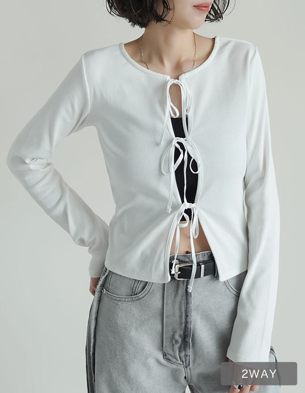 【TIME SALE 30%OFF】[発売3ヶ月で累計販売枚数1,000枚突破！]ストレッチリブ前後2WAYリボンデザイントップス