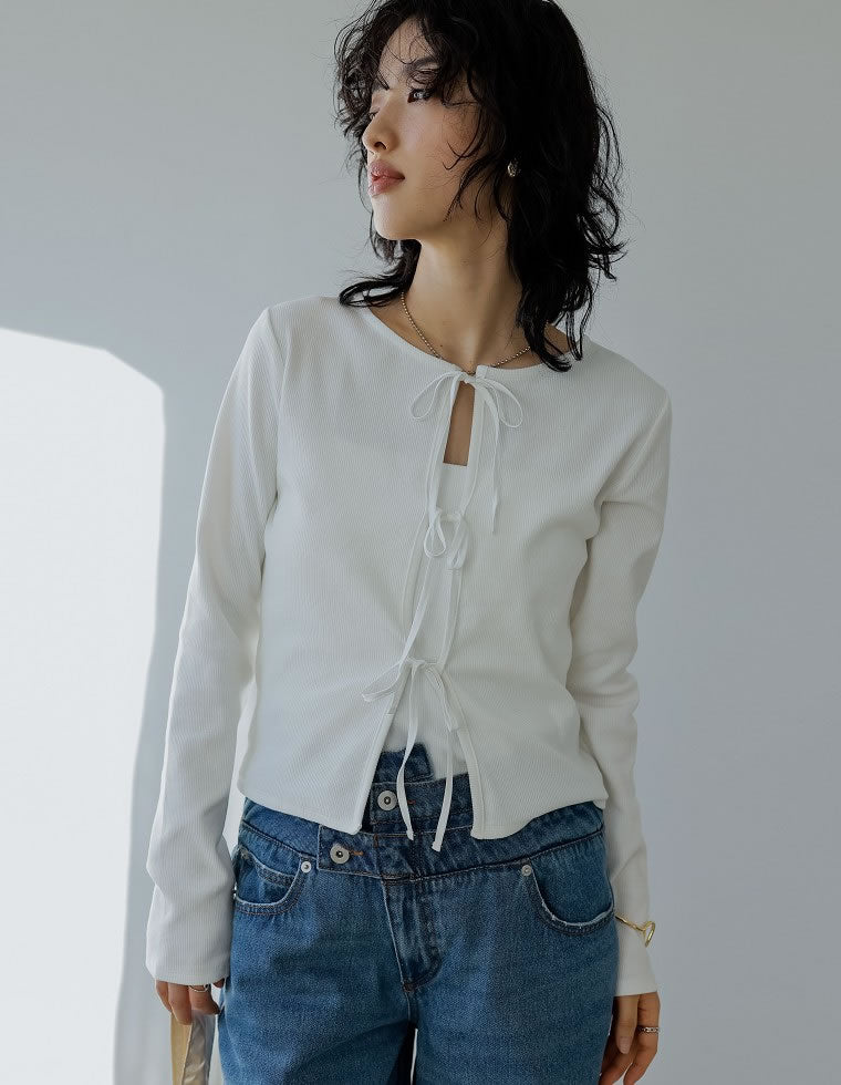 ストレッチリブ前後2WAYリボンデザイントップス - トップス通販