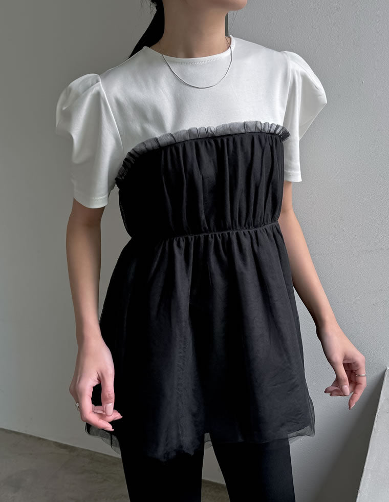 ギャザーチュールドッキングTシャツ - トップス通販 | 人気レディース