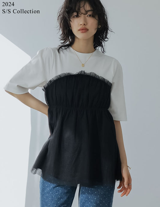 [2024SS COLLECTION]ギャザーチュールドッキングTシャツ トップス レディースファッション通販 リエディ