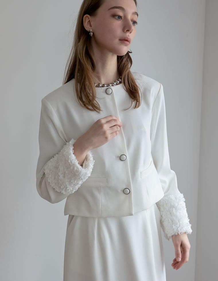 美品　LEONARD フラワープリント ノーカラージャケット　メッシュ　アウター 美品 LEONARD フラワープリント ノーカラージャケット メッシュ