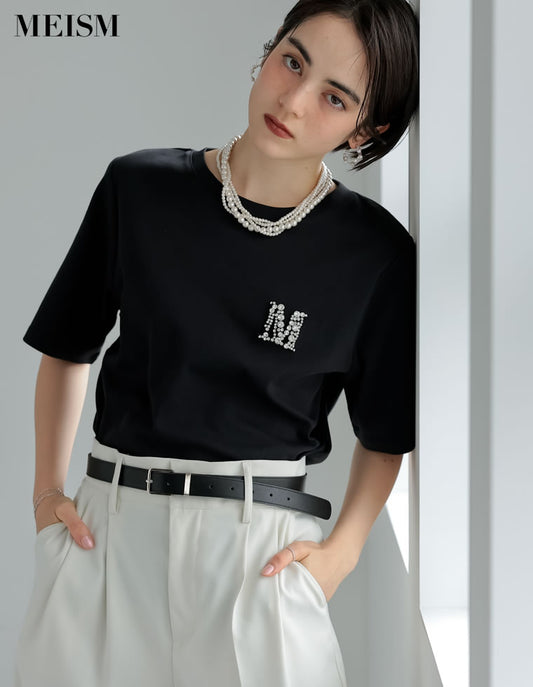 【TIME SALE 10%OFF ¥4,998⇒¥4,498】[2025 SUMMER COLLECTION][MEISM by Re:EDIT][UVカット][吸水][速乾]スムースコットンMロゴビジューモチーフTシャツ トップス 人気レディースファッション通販 リエディ