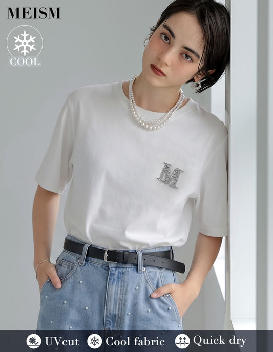 【TIME SALE 15%OFF】[MEISM by Re:EDIT][UVカット][接触冷感][吸水][速乾]スムースコットンMロゴビジューモチーフTシャツ