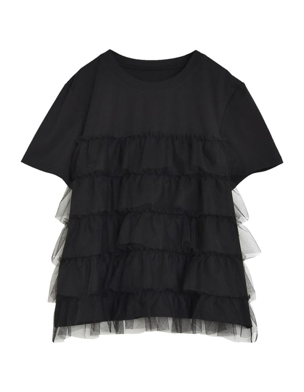 【限定TIME SALE 25%OFF ¥3,979⇒¥2,984】チュールティアードドッキングTシャツ トップス レディースファッション通販 リエディ