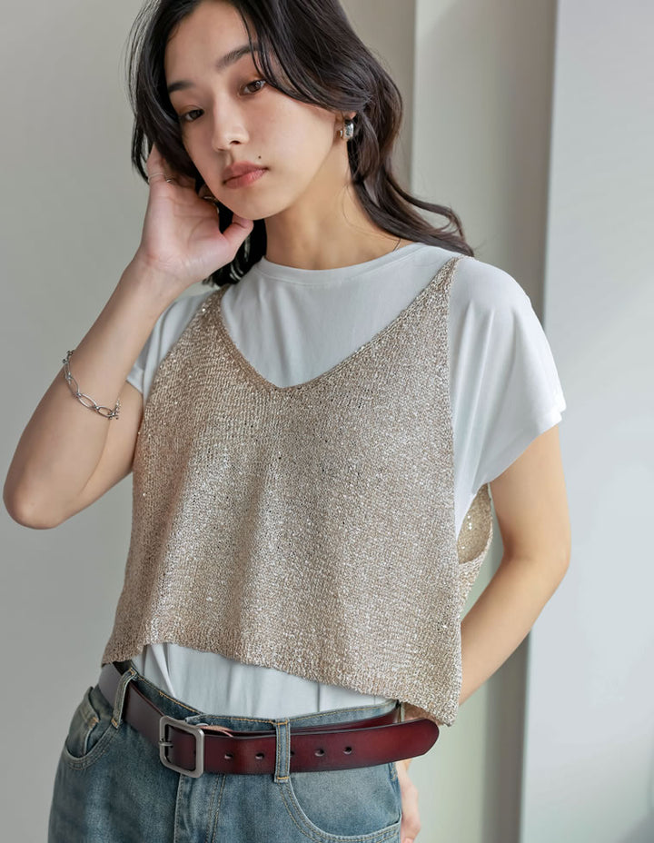 【TIME SALE 30%OFF ¥3,979⇒¥2,785】[販売枚数8千枚突破！]スパンコールニットキャミソールビスチェ トップス 人気レディースファッション通販 リエディ