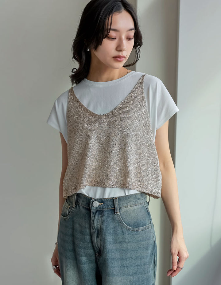 【TIME SALE 30%OFF ¥3,979⇒¥2,785】[販売枚数8千枚突破！]スパンコールニットキャミソールビスチェ トップス 人気レディースファッション通販 リエディ