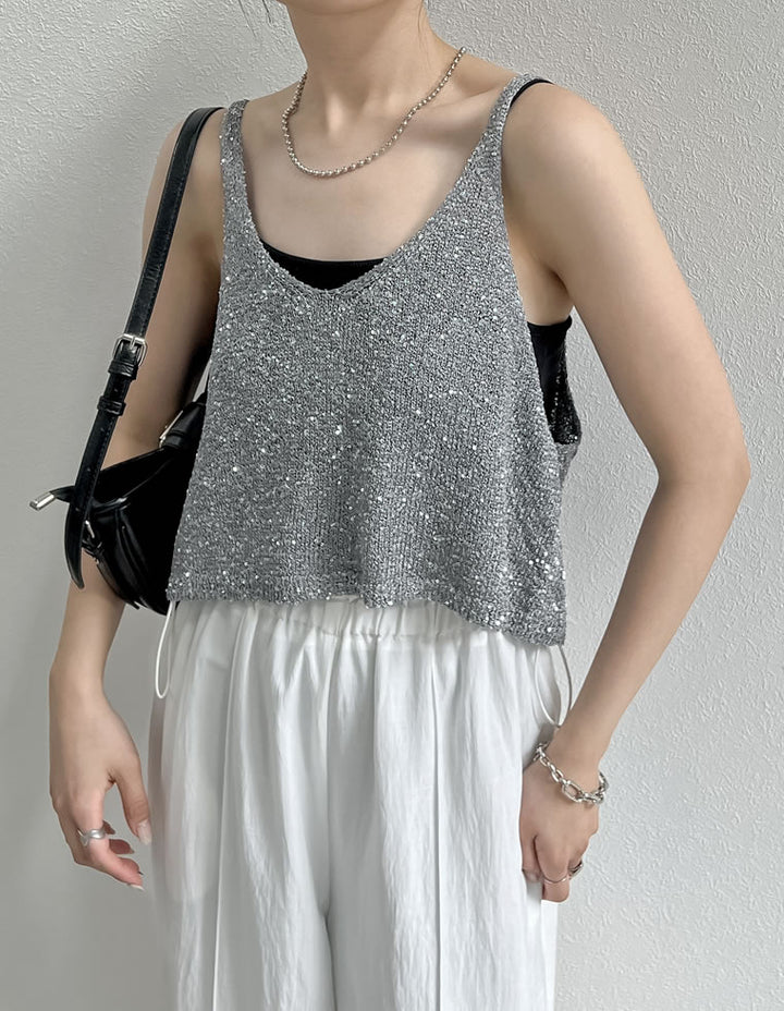 【TIME SALE 30%OFF ¥3,979⇒¥2,785】[販売枚数8千枚突破！]スパンコールニットキャミソールビスチェ トップス 人気レディースファッション通販 リエディ