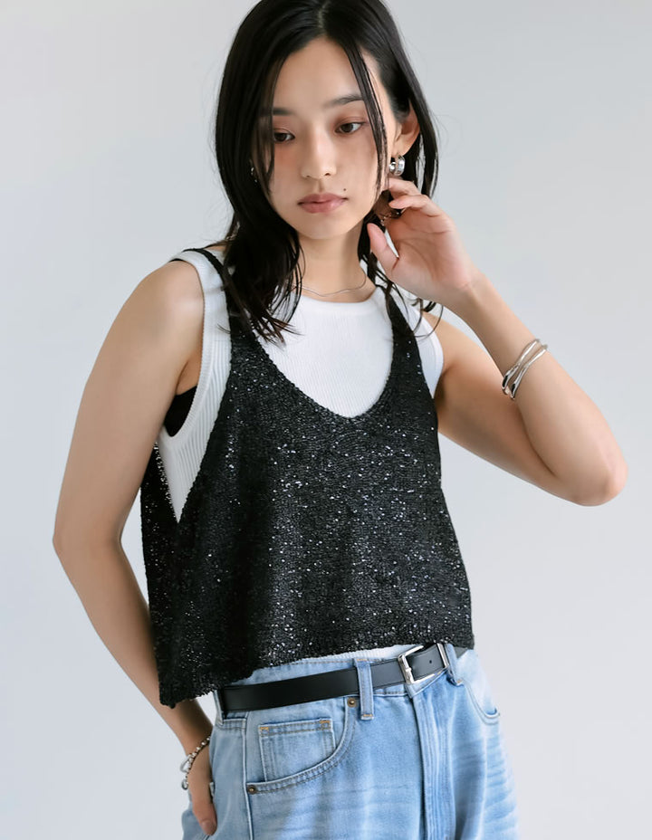 【TIME SALE 30%OFF ¥3,979⇒¥2,785】[販売枚数8千枚突破！]スパンコールニットキャミソールビスチェ トップス 人気レディースファッション通販 リエディ