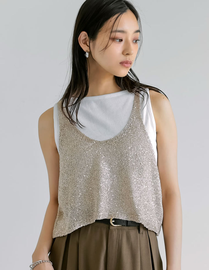 【TIME SALE 30%OFF ¥3,979⇒¥2,785】[販売枚数8千枚突破！]スパンコールニットキャミソールビスチェ トップス 人気レディースファッション通販 リエディ
