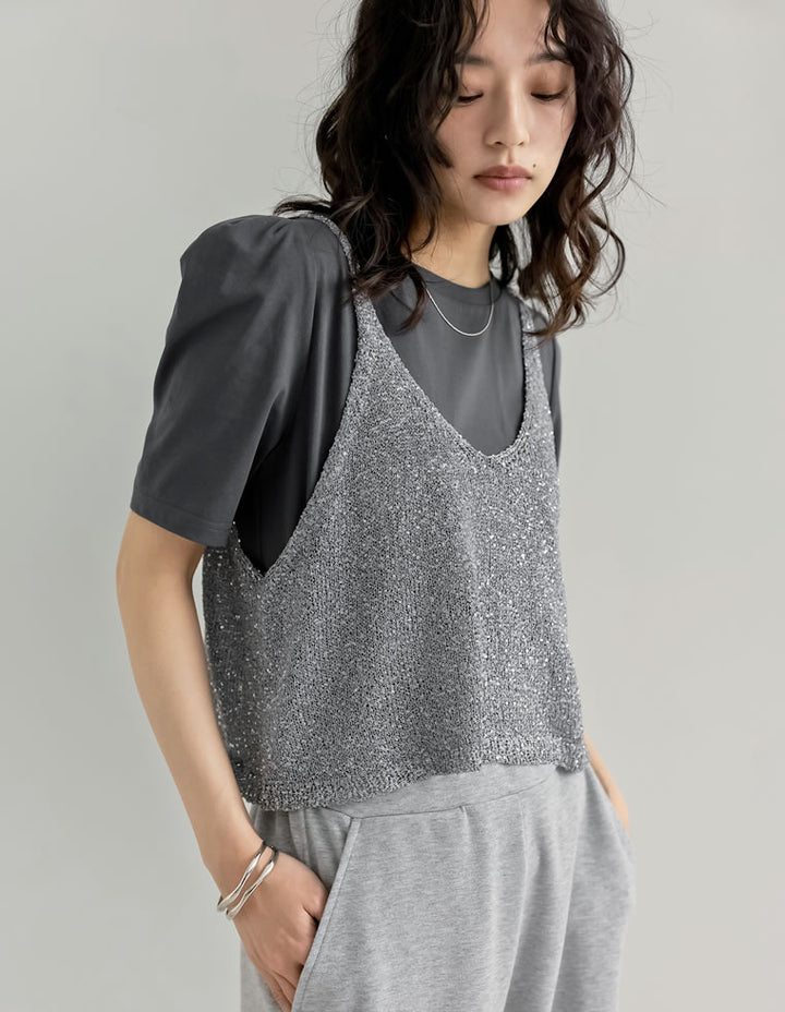 【TIME SALE 30%OFF ¥3,979⇒¥2,785】[販売枚数8千枚突破！]スパンコールニットキャミソールビスチェ トップス 人気レディースファッション通販 リエディ