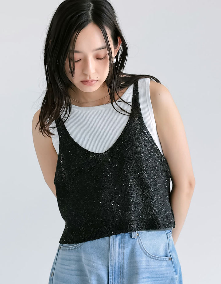 【TIME SALE 30%OFF ¥3,979⇒¥2,785】[販売枚数8千枚突破！]スパンコールニットキャミソールビスチェ トップス 人気レディースファッション通販 リエディ