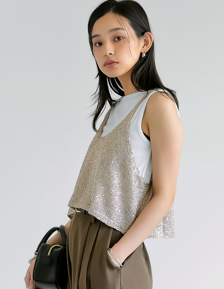【TIME SALE 30%OFF ¥3,979⇒¥2,785】[販売枚数8千枚突破！]スパンコールニットキャミソールビスチェ トップス 人気レディースファッション通販 リエディ