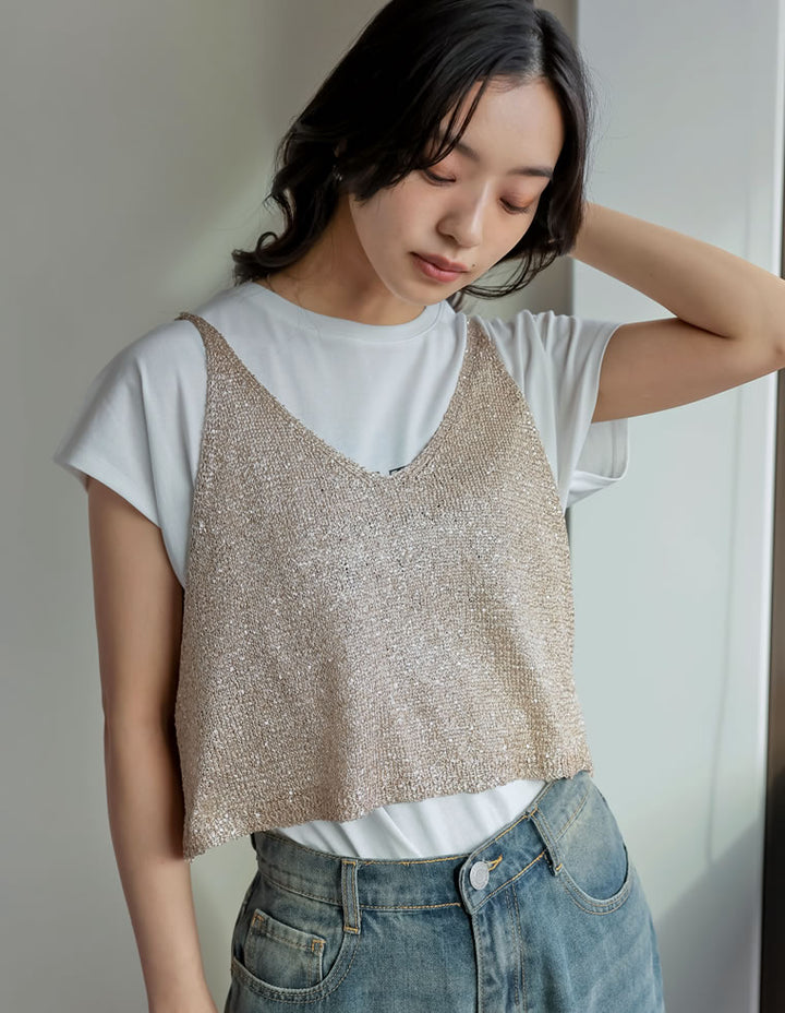 【TIME SALE 30%OFF ¥3,979⇒¥2,785】[販売枚数8千枚突破！]スパンコールニットキャミソールビスチェ トップス 人気レディースファッション通販 リエディ