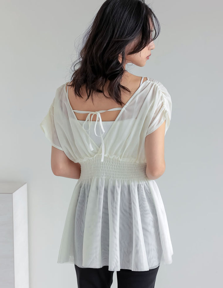 【TIME SALE 30%OFF ¥3,747⇒¥2,622】[夏の体型カバーに◎]Vネックチュールベスト トップス 人気レディースファッション通販 リエディ