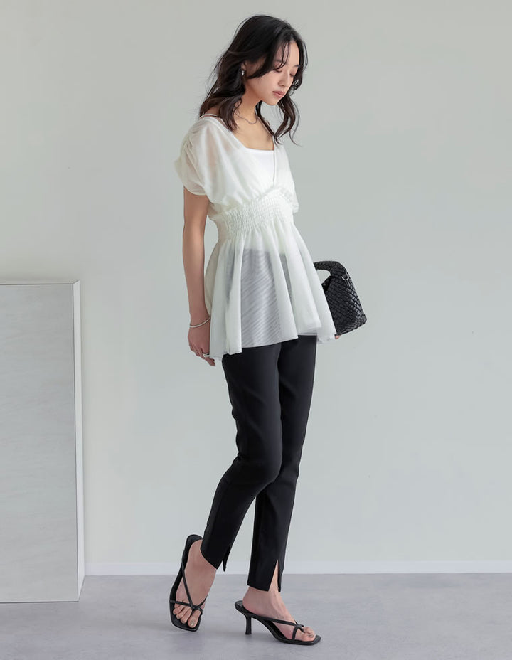 【TIME SALE 30%OFF ¥3,747⇒¥2,622】[夏の体型カバーに◎]Vネックチュールベスト トップス 人気レディースファッション通販 リエディ
