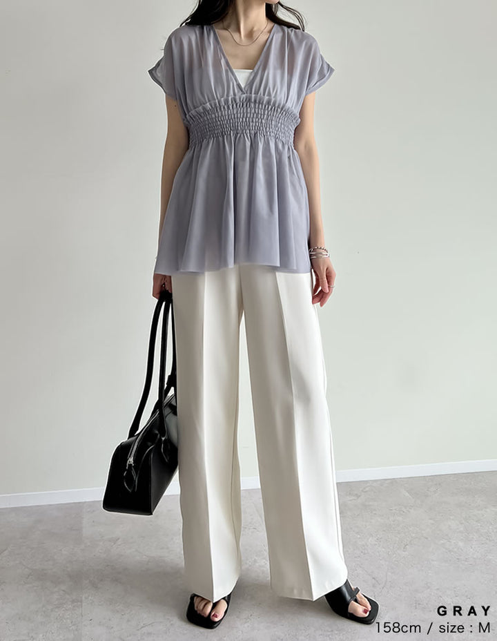 【TIME SALE 30%OFF ¥3,747⇒¥2,622】[夏の体型カバーに◎]Vネックチュールベスト トップス 人気レディースファッション通販 リエディ