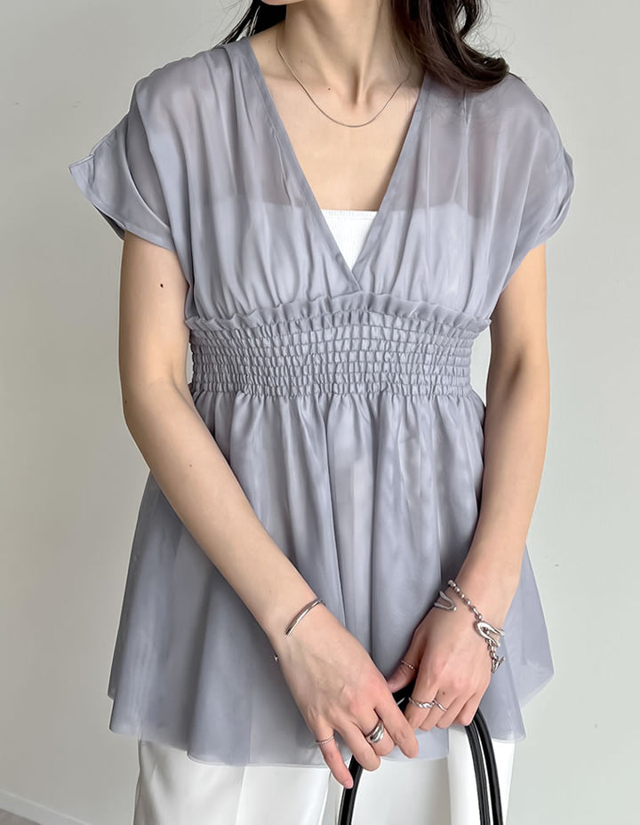 【TIME SALE 30%OFF ¥3,747⇒¥2,622】[夏の体型カバーに◎]Vネックチュールベスト トップス 人気レディースファッション通販 リエディ