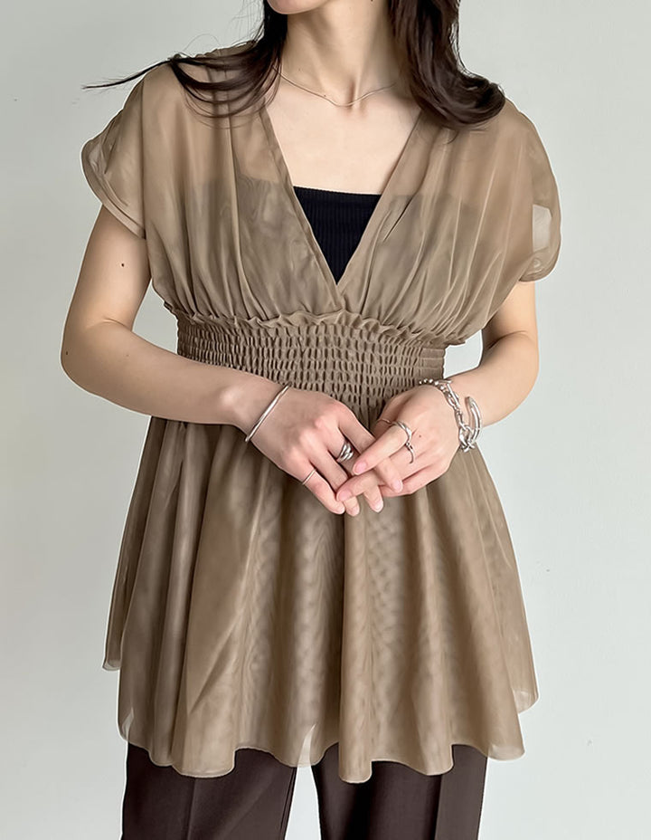 【TIME SALE 30%OFF ¥3,747⇒¥2,622】[夏の体型カバーに◎]Vネックチュールベスト トップス 人気レディースファッション通販 リエディ