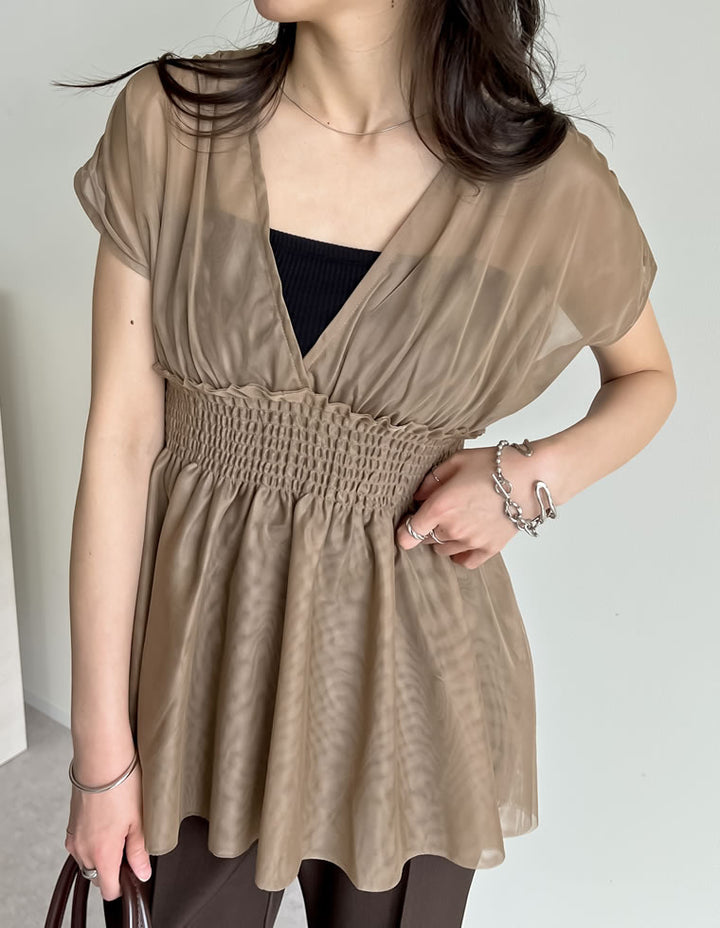 【TIME SALE 30%OFF ¥3,747⇒¥2,622】[夏の体型カバーに◎]Vネックチュールベスト トップス 人気レディースファッション通販 リエディ
