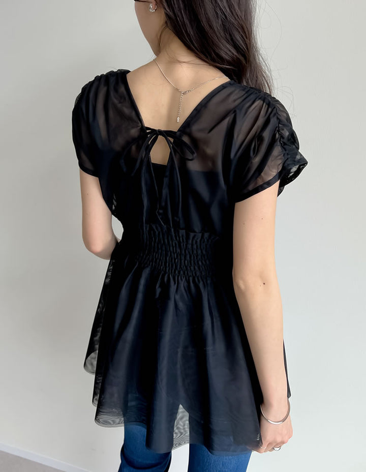 【TIME SALE 30%OFF ¥3,747⇒¥2,622】[夏の体型カバーに◎]Vネックチュールベスト トップス 人気レディースファッション通販 リエディ