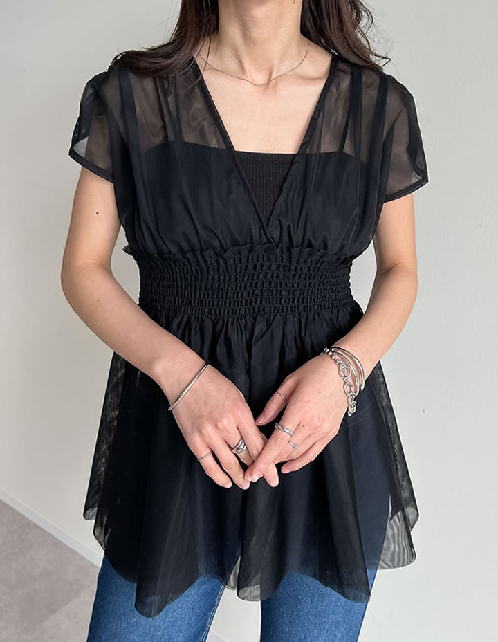 【TIME SALE 30%OFF ¥3,747⇒¥2,622】[夏の体型カバーに◎]Vネックチュールベスト トップス 人気レディースファッション通販 リエディ