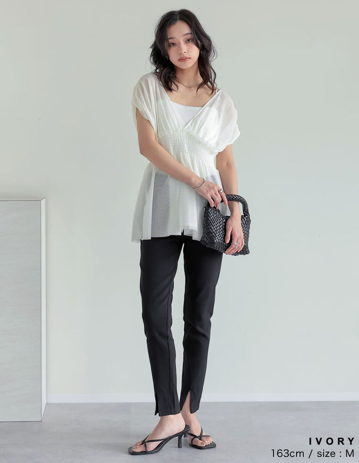 【TIME SALE 30%OFF ¥3,747⇒¥2,622】[夏の体型カバーに◎]Vネックチュールベスト トップス 人気レディースファッション通販 リエディ