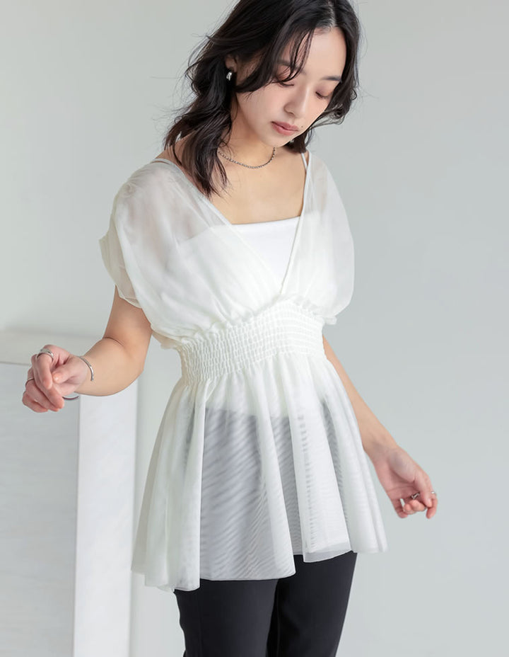 【TIME SALE 30%OFF ¥3,747⇒¥2,622】[夏の体型カバーに◎]Vネックチュールベスト トップス 人気レディースファッション通販 リエディ