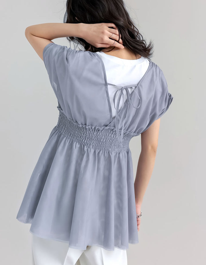 【TIME SALE 30%OFF ¥3,747⇒¥2,622】[夏の体型カバーに◎]Vネックチュールベスト トップス 人気レディースファッション通販 リエディ