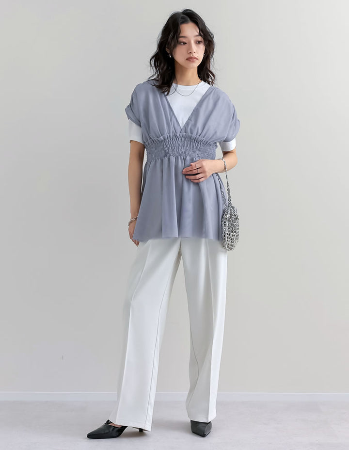 【TIME SALE 30%OFF ¥3,747⇒¥2,622】[夏の体型カバーに◎]Vネックチュールベスト トップス 人気レディースファッション通販 リエディ
