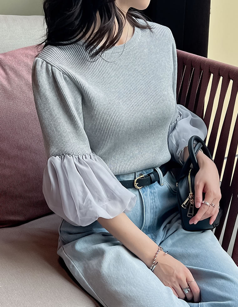 異素材袖バルーン七分袖リブニットトップス - トップス通販 | 人気