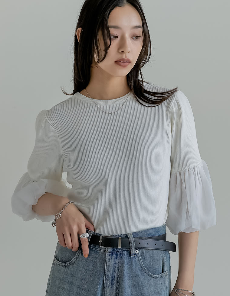 異素材袖バルーン七分袖リブニットトップス - トップス通販 | 人気