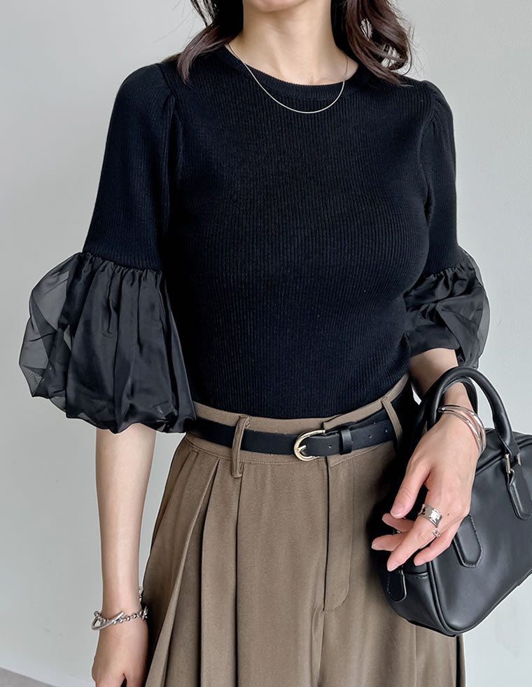 tシャツ Tシャツ リブニットトップスバルーンセット