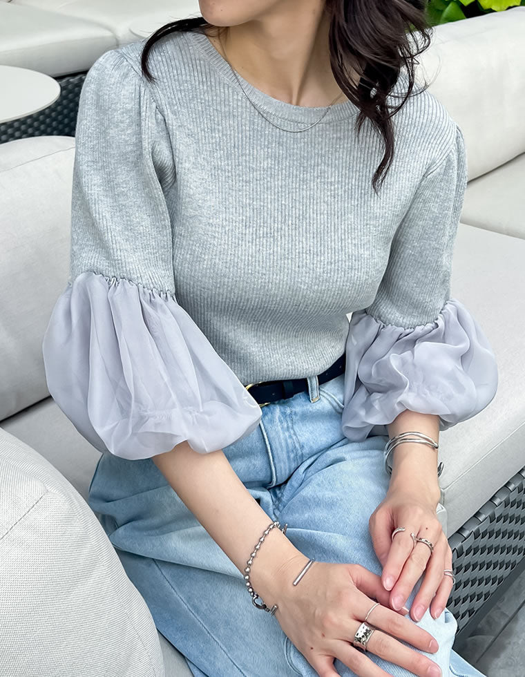 異素材袖バルーン七分袖リブニットトップス - トップス通販 | 人気