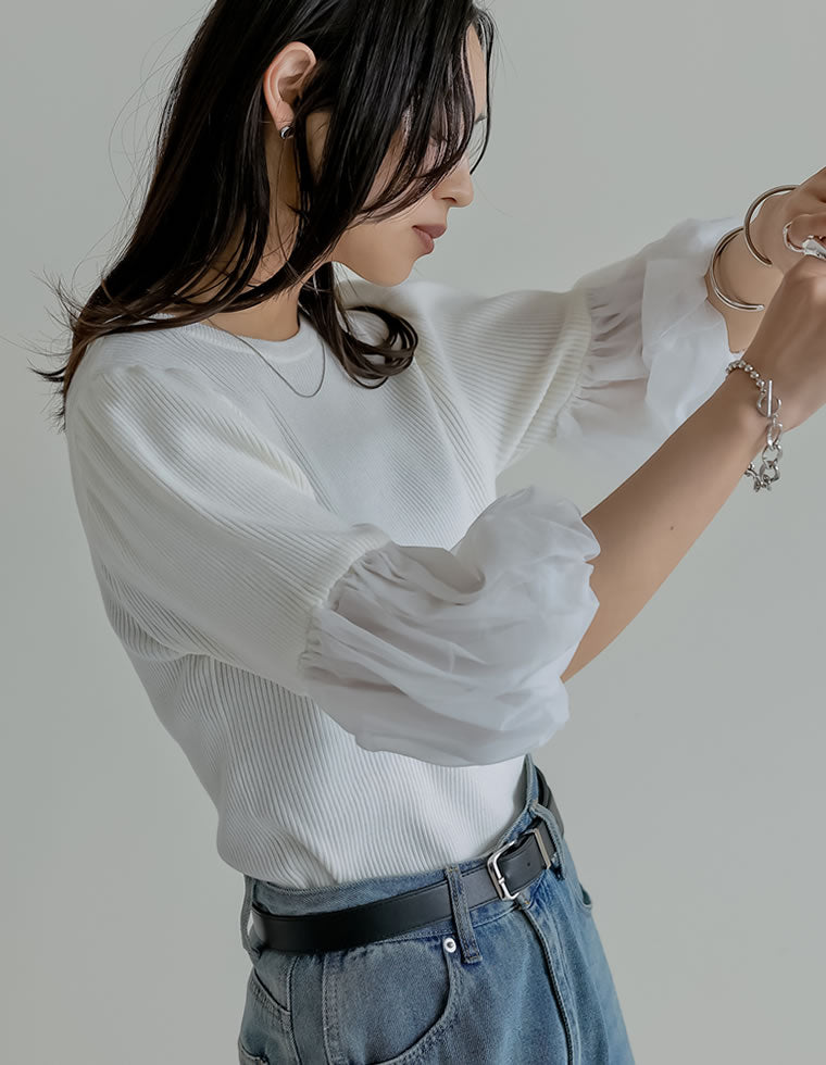 tシャツ Tシャツ リブニットトップスバルーンセット
